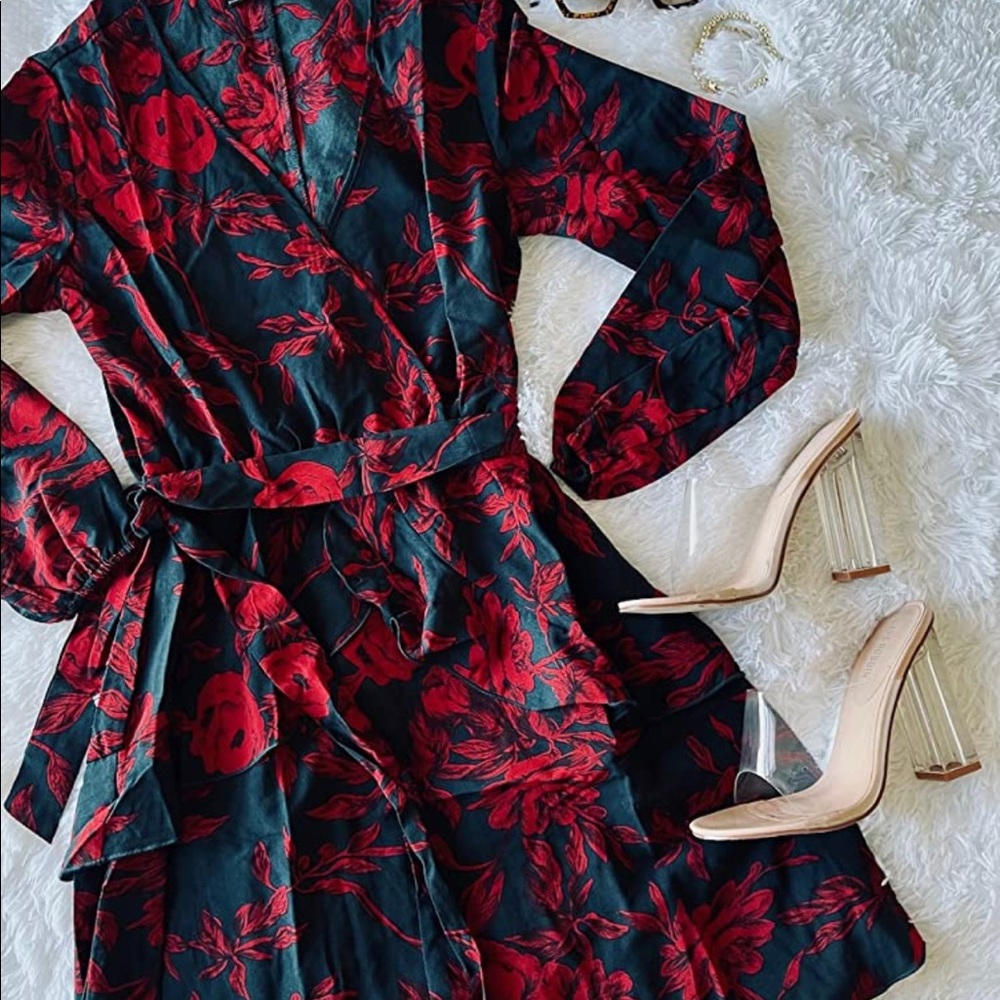 BTFBM Long sleeved navy and red floral dress.